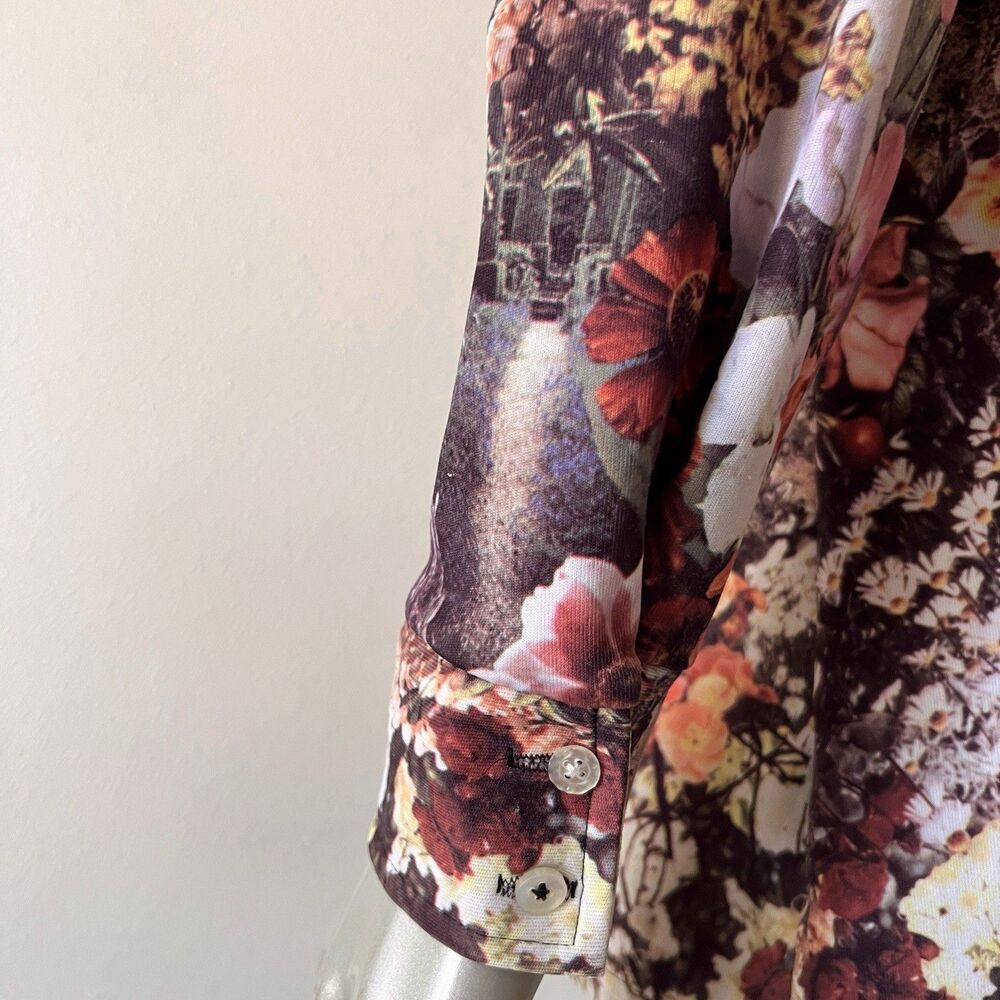 Vintage Floral Photo Print Blouse Shirt Large Button Up Top Autumn Boho 70s - Picture 12 of 13